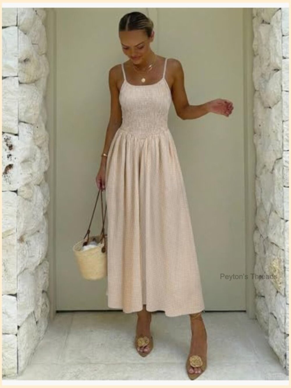 Women's Midi Dress - Sleeveless Spaghetti Strap Smocked Tiered Beach Sundress - Picture 5 of 7